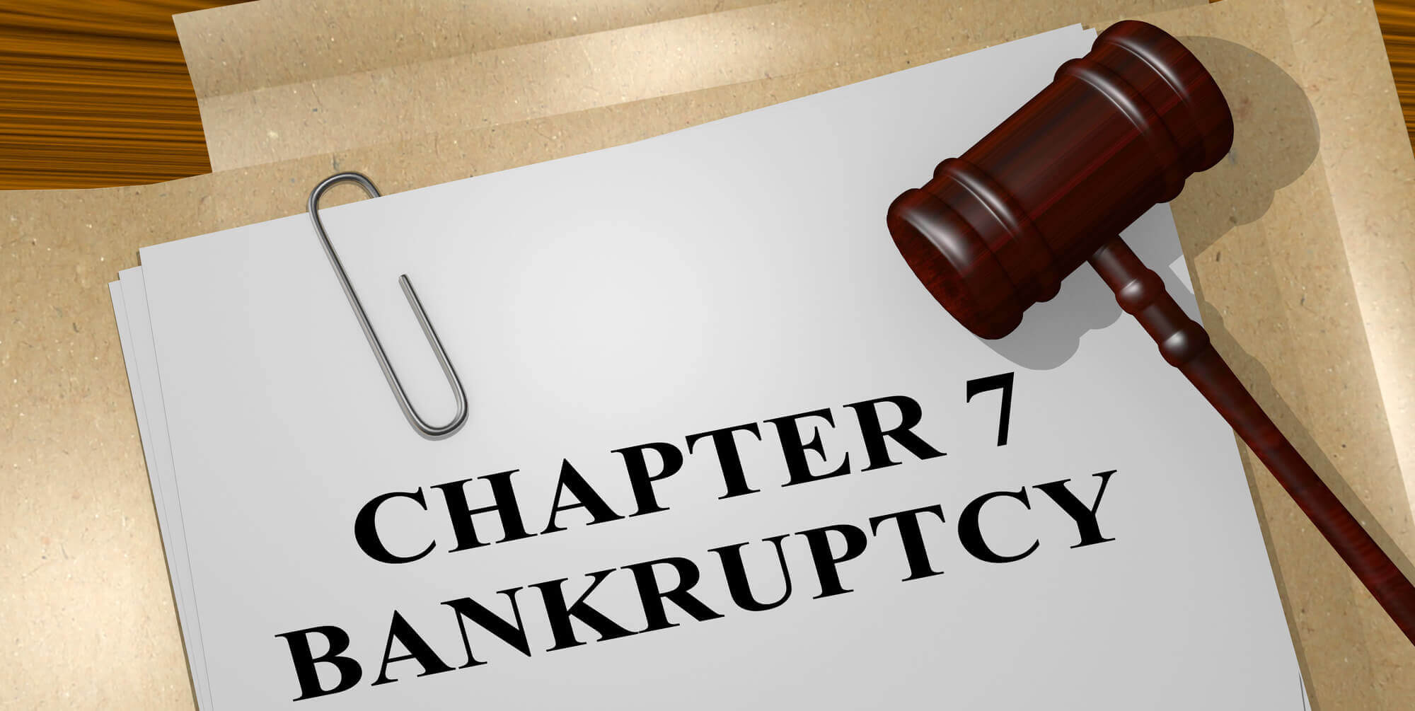 3D illustration of "CHAPTER 7 BANKRUPTCY" title on legal document